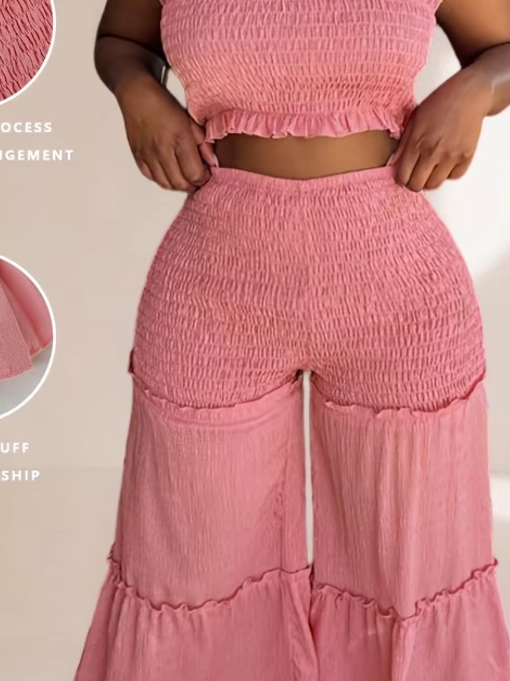 Smocked High-Waist Pink Wide-Leg Pants and top